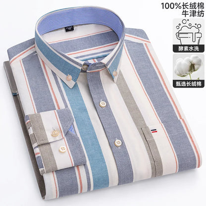 100% Cotton Oxford Casual Shirts For Men Long Sleeved Plaid Striped Soft Regular Fit Formal Single Pocket Social Fashion Blouses