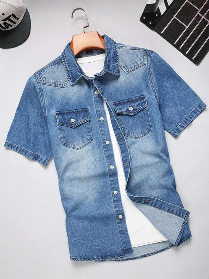 Men's Summer Vintage Denim Short-Sleeve Shirt, Lapel Button Casual Denim Blouse