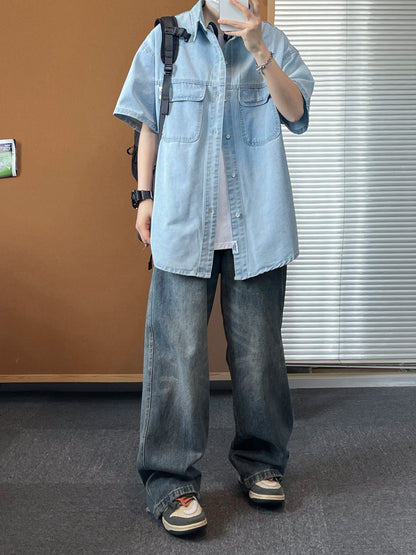 Workwear style denim short sleeved shirt with women's doubles pockets, loose and slimming  versatile daily top