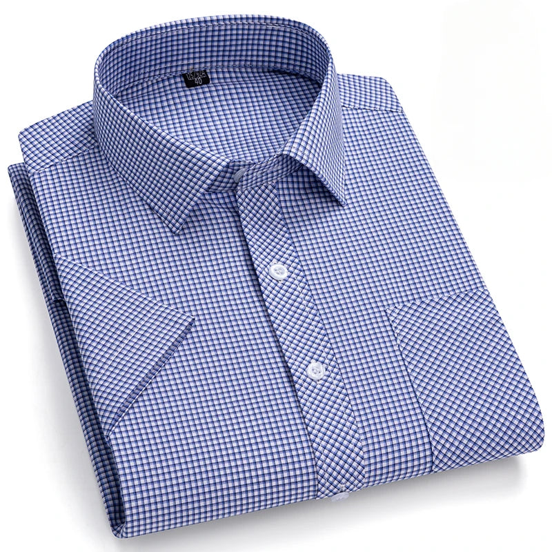 New in Shirt Over Size 100% Cotton Thin Summer Short Sleeve Shirts for Men Slim Fit Plain Shirt Plaid Soft Korean Popular Clothe