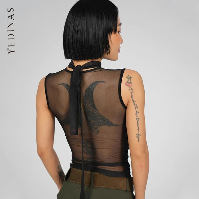 Yedinas Black Back Sheer Summer Tank Tops Sexy Sleeveless Tees Original Design Tanks Slim Korean Fashion Chic 2000s Clothes Y2k