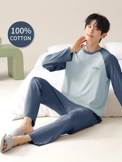 Men's 100% cotton long sleeved four season plus size men's sleepwear, teenage pure cotton home suit set for warmth