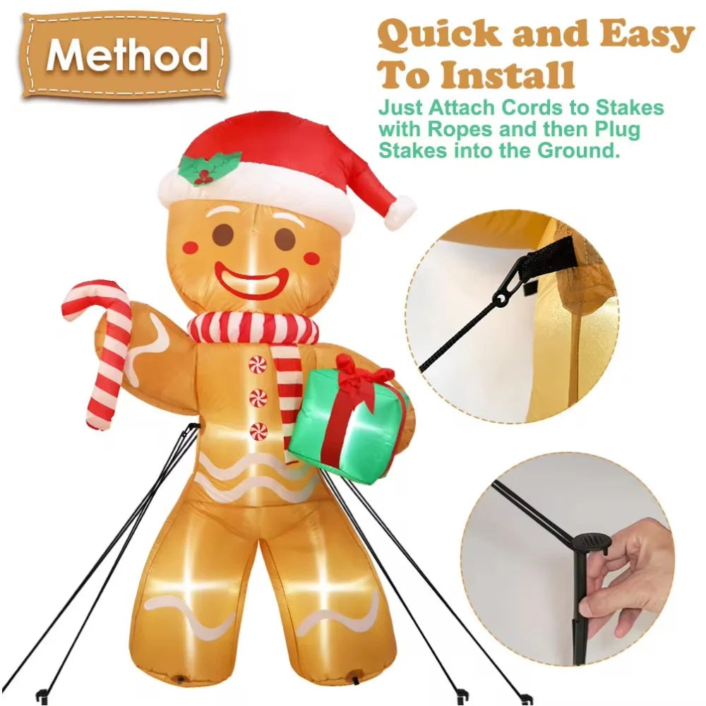 8FT/2.4M Christmas Inflatables Gingerbread Man with Gift Pack Outdoor Decorations Xmas Yard Decorations with LED Lights for Lawn