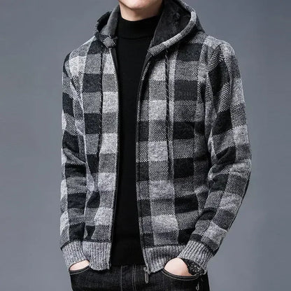 Knit Sweater Male Zipper Plaid Men's Clothing Cardigan Hoodies Zip-up Thick Winter Red Tops Jumpers Casual Stylish Hot Cheap A