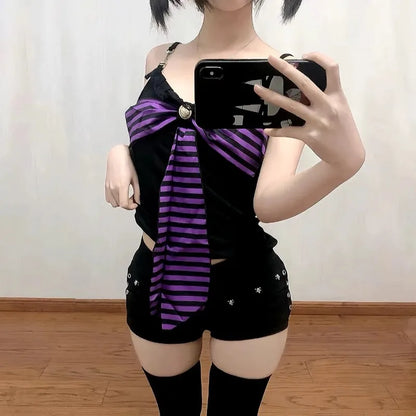 Goth Punk Y2K Clothes 2000s Stripes Lace-up Large Bows Slim Tank Tops Design Tops Streetwear Sexy Camis T-shirts Cute Halter Top