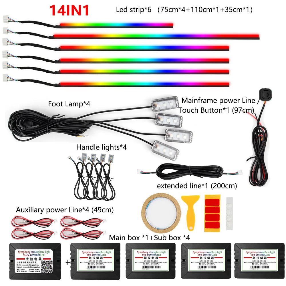 22in1 Symphony Car Ambient Light RGB 213 Color Universal Car Accessories Interior LED Lights Strip Acrylic Backlight Guide Light