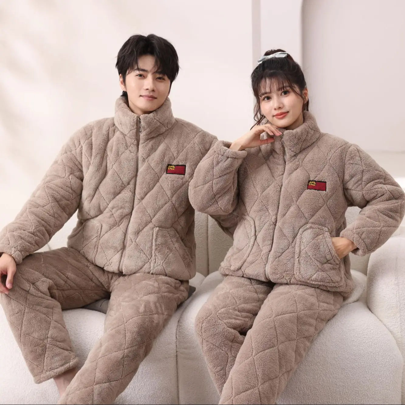 Men's Winter Spwear Thiened Fce Tee-layer Cotton Warm Home Clothes Set Coral Velvet Home Clothes Suitable for Outdo...