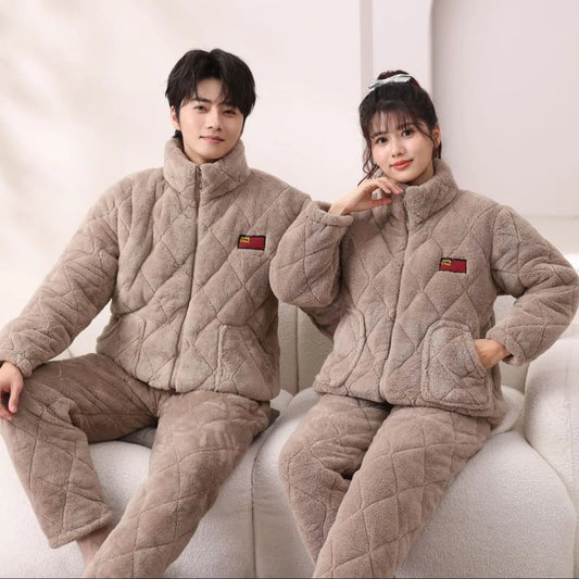 Men's Winter Spwear Thiened Fce Tee-layer Cotton Warm Home Clothes Set Coral Velvet Home Clothes Suitable for Outdo...