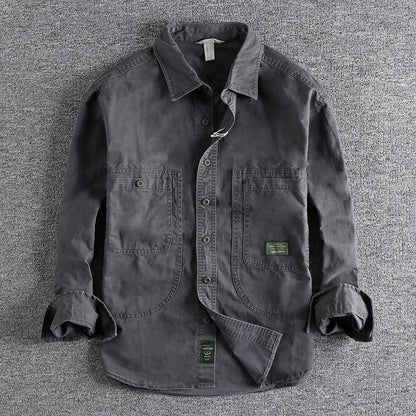 Classic Retro Work Shirt with Distressed and Heavy Washed Design, A Timeless Style for Everyday Wear