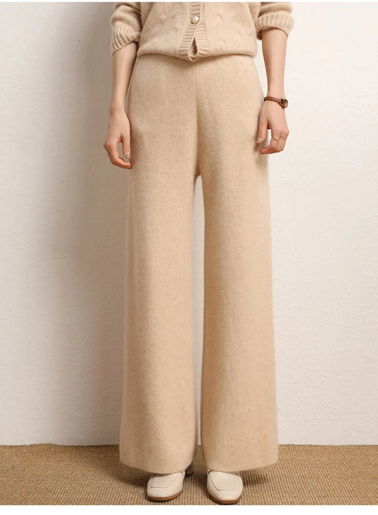 Women's 100% Cashmere Wide Leg Pants Knitted Thick Autumn/Winter Casual Solid Color Elastic Waistband Pockets