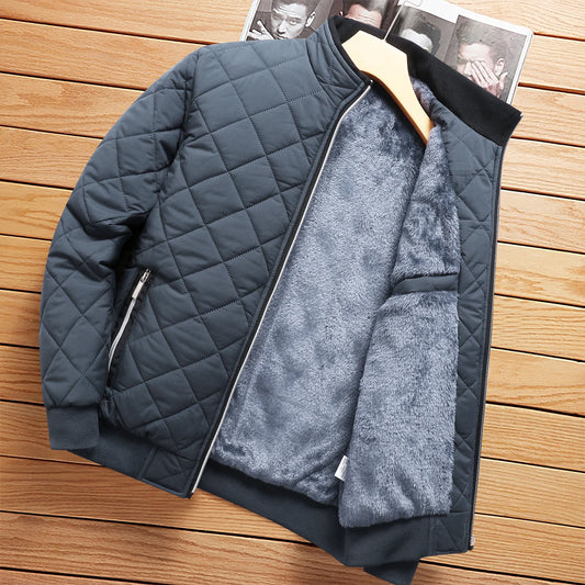 Men's Winter Thickened Fleece Lined Cotton Jacket Casual Stand Collar Long Sleeve Zipper Closure  Color Warm Outerwear