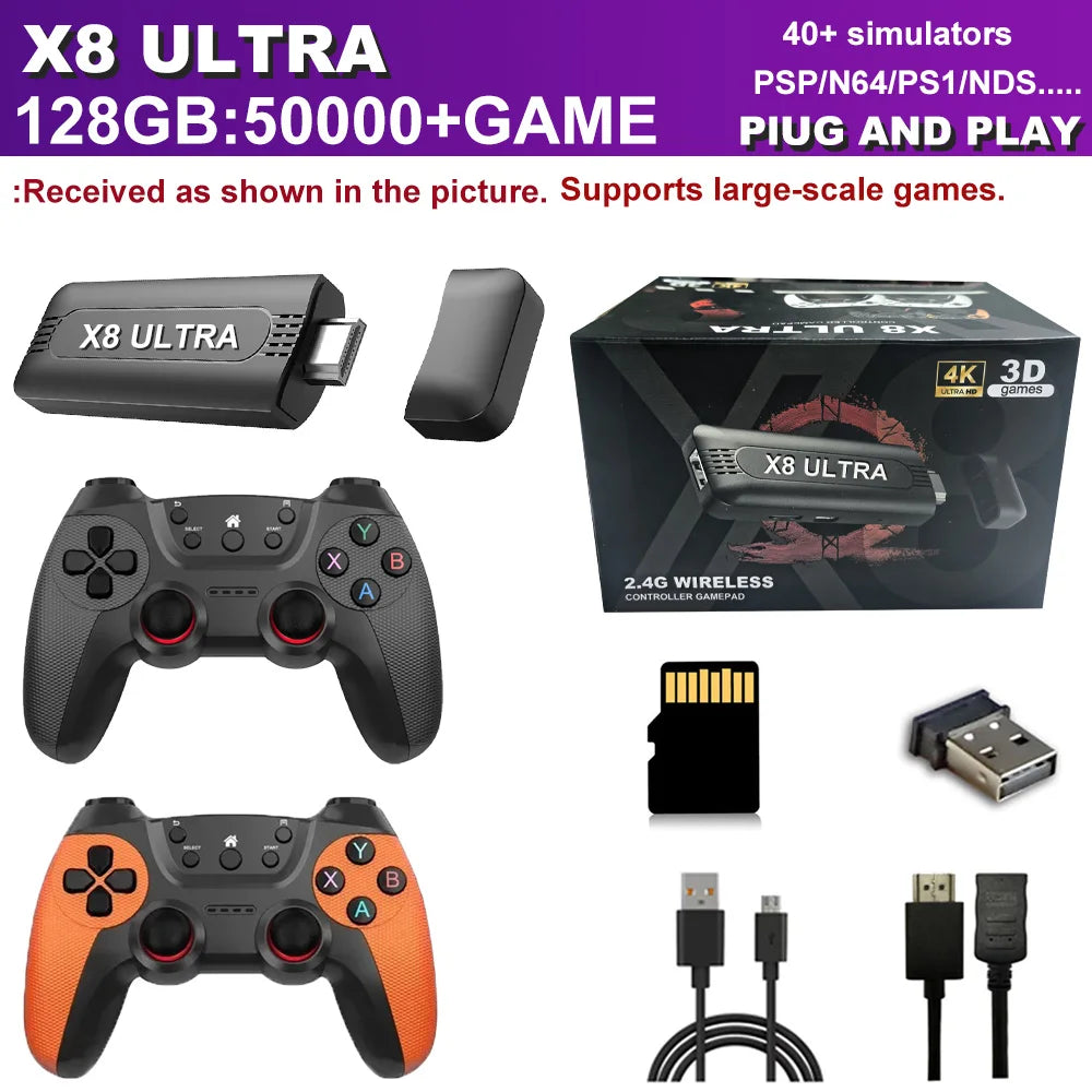 The X8 ULTRA retro video game console comes pre-installed with 50,000 games and plug-and-play PS1/N64/PSP emulators.