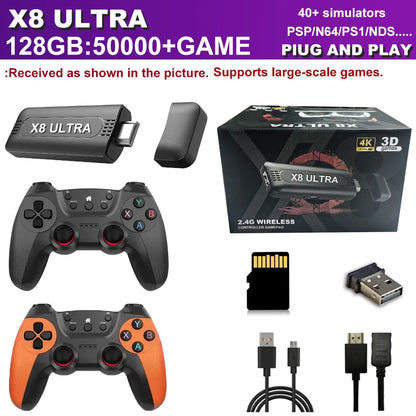 The X8 ULTRA retro video game console comes pre-installed with 50,000 games and plug-and-play PS1/N64/PSP emulators.