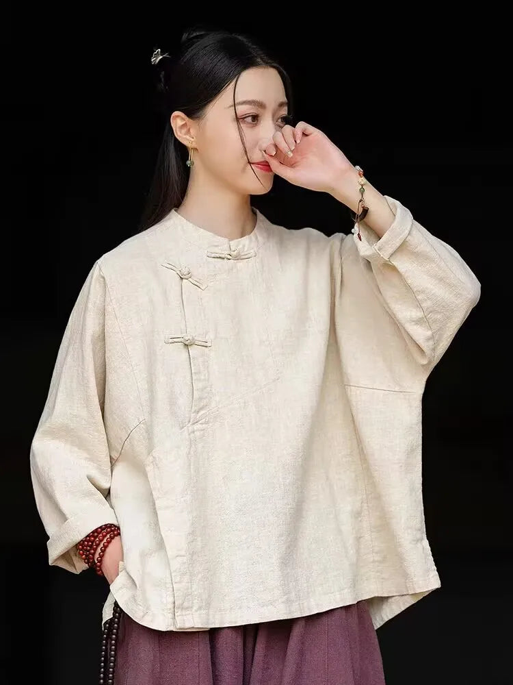 plus Size Women's Cotton Linen Shirt Spring Autumn New Style Zen Clothing Stand Collar Button up Outerwear Fashionable Commut...