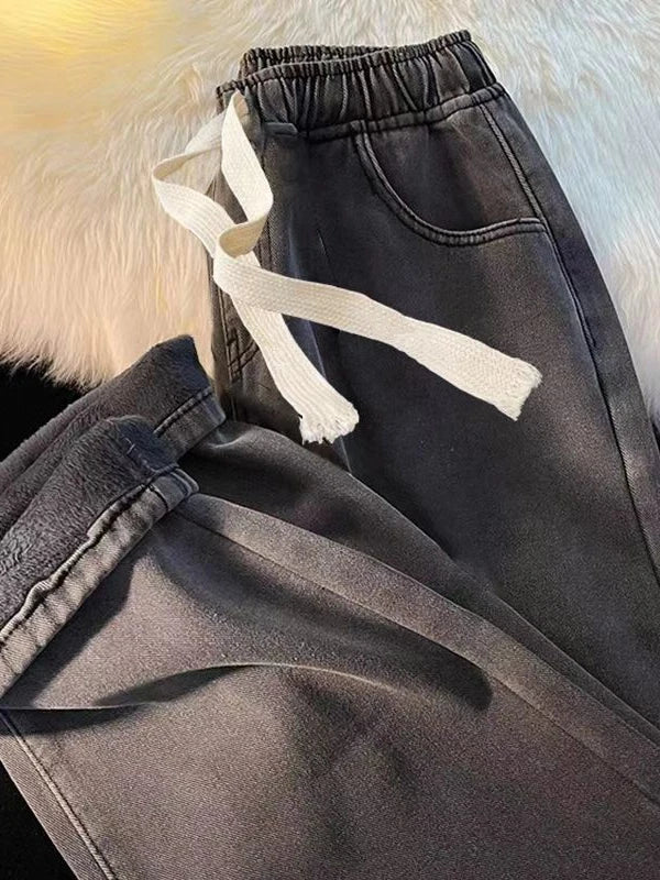 Thickened Fleece Straight Leg Jeans Women Winter New Small Size Wide Leg Cotton Elastic Waist Autumn Winter Pants