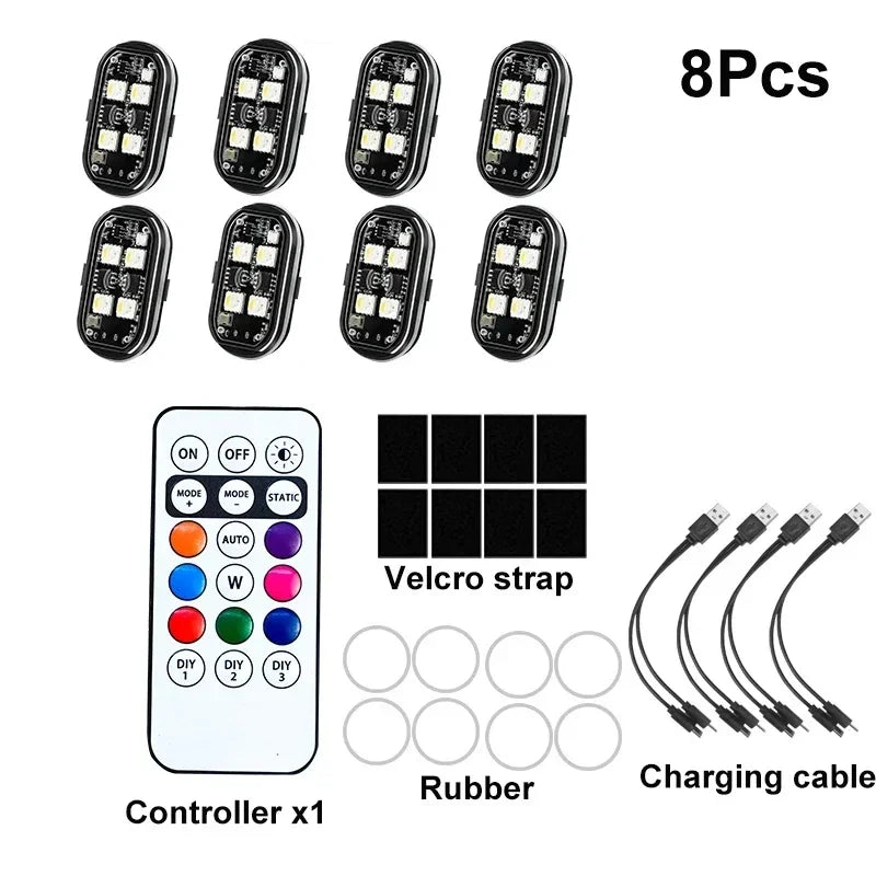 1/2/4/8pcs Wireless LED Strobe Lights Car Decor Atmosphere Light 8 Colors Rechargeable Led Lights Anti-Collision Warning Light