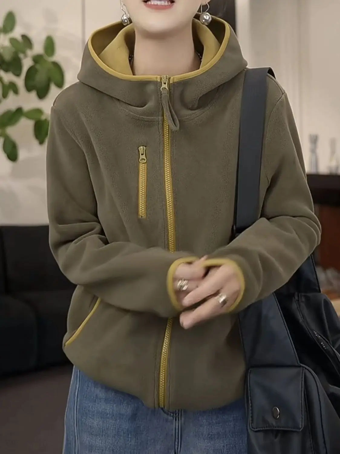 Women's Plush Lined Hooded Windproof Warm Long Sleeve Casual Jacket Fashion Versatile Autumn Winter Coat