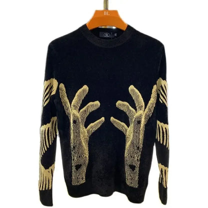 Men's Clothing Crewneck Hippie Graphic Black Pullovers Knit Sweater Male Round Collar Warm Korean Style Elegant Maletry Fun Old