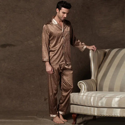Men's Satin Pajama Home Clothes Suit Autumn Long Sleeve Button-Down Tops & Pants Sleepwear 2 Pieces Man Pyjama Loungewear Pj Set