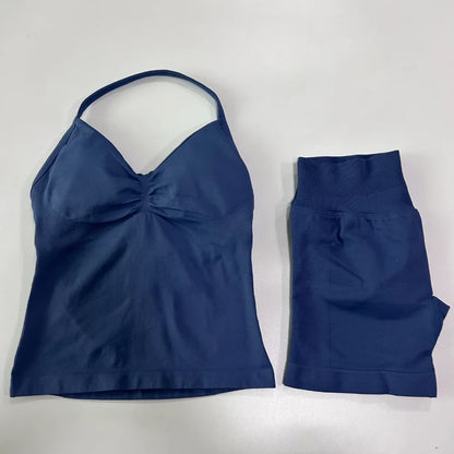2 Pieces Sports Set Women Backless Tank Yoga Tops High Waist Scrunch Seamless Shorts Sport Gym Set Sportswear Workout Set