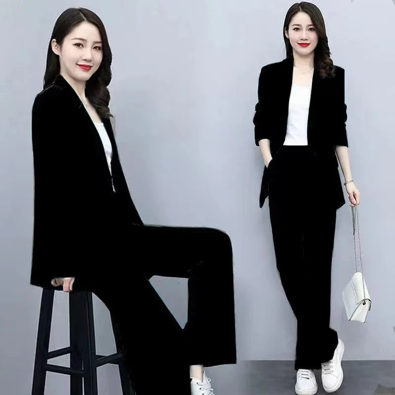 Spring 2026 plus Size Suit Set Loose Wide Leg Pants Two Piece Set Korean Style Commute Casual High Waist Polyester Fiber