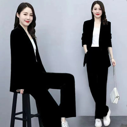 Spring 2026 plus Size Suit Set Loose Wide Leg Pants Two Piece Set Korean Style Commute Casual High Waist Polyester Fiber