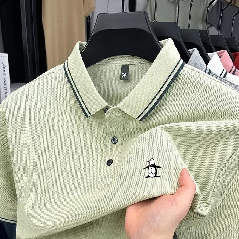Brand striped men's polo shirt short sleeved penguin print top summer 100% cotton comfortable breathable casual lapel T-shirt