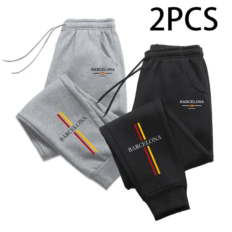 2pcs of 1 Pack Men's Sweatpants Barcenola Print Casual Sporty Jogger Pants Fall Winter Home Outdoor Comfort Warm Trousers 2 in 1