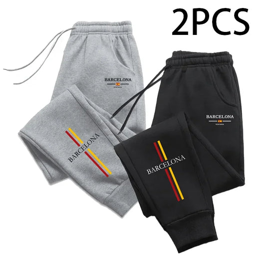 2pcs of 1 Pack Men's Sweatpants Barcenola Print Casual Sporty Jogger Pants Fall Winter Home Outdoor Comfort Warm Trousers 2 in 1
