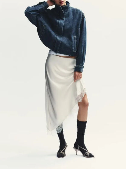 Winter New Arrival Women's Simple Versatile Mid-Waist Lace Trim Silk Satin Skirt Elegant Ethnic Stage Costume