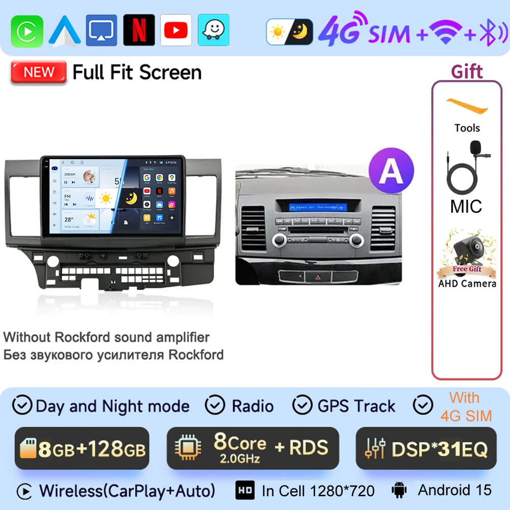 JIUYIN 10.1" Android 15 Car Radio For Mitsubishi Lancer 2007 - 2017 CarPlay Android Auto GPS 4G Multimedia Stereo Navigation