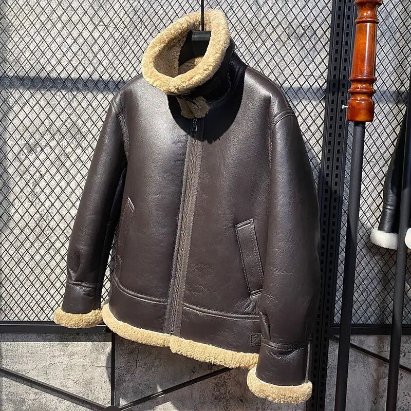 Designer Clothes Men Genuine Leather Coat Natural Sheepskin Shearling Jacket for Male Pilot Outfit Wool Liner Brown 60 62 64 66