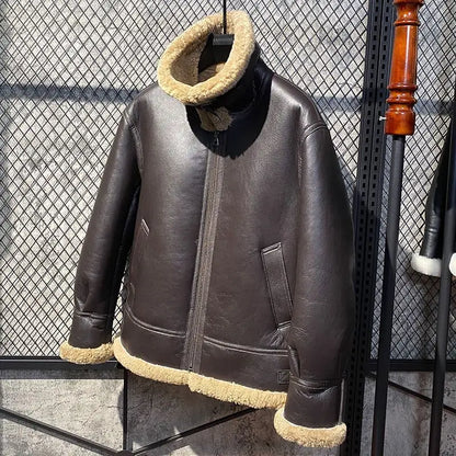 Designer Clothes Men Genuine Leather Coat Natural Sheepskin Shearling Jacket for Male Pilot Outfit Wool Liner Brown 60 62 64 66