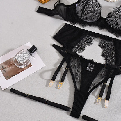 Ellolace Solid Lingeries Sexy Hot Elegant Bra Belt Thong 3PC with Leg Circles Cute Intimate Seductive Lace Tempted Underwear