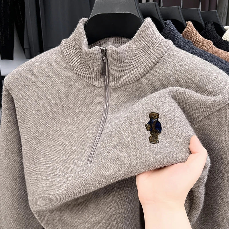 Hot Sale Quality Thicken Men's Sweater Zipper Bear Embroidery Warm Knitted Sweater Japan Winter Hoodies Fashion Soft Men's Wear