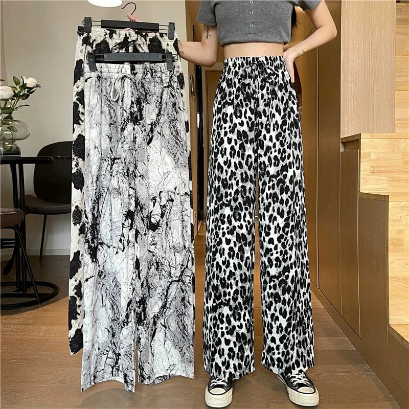 Summer Casual Loose Wide Leg Pants Women's Tie Dye Ink Ice Silk Loose Leopard Print Ethnic Style Long Pants Casual Trousers