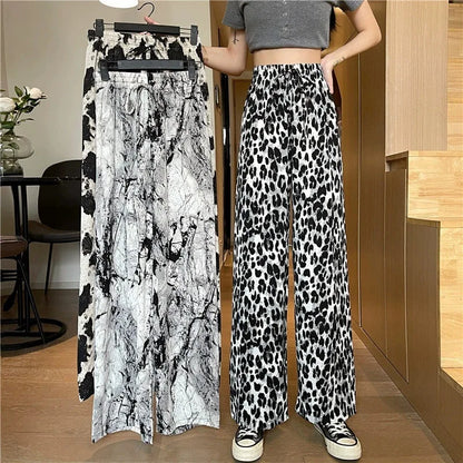 Summer Casual Loose Wide Leg Pants Women's Tie Dye Ink Ice Silk Loose Leopard Print Ethnic Style Long Pants Casual Trousers