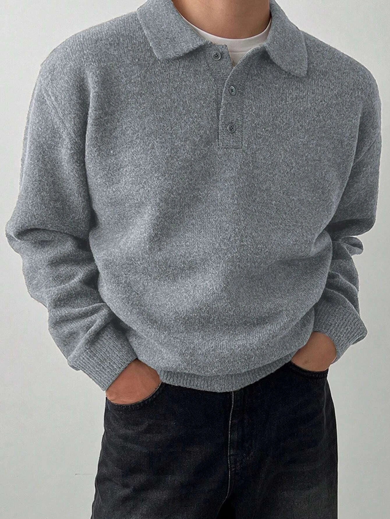 LVLAEA Solid Color Men Fall Winter Loungwear Shirt Long Sleeve Lapel Buttonup Collar Old Money Style Loose Warm Fashion Pullover