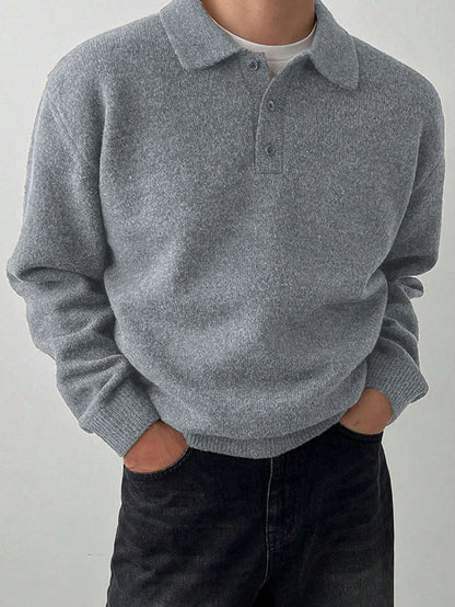 LVLAEA Solid Color Men Fall Winter Loungwear Shirt Long Sleeve Lapel Buttonup Collar Old Money Style Loose Warm Fashion Pullover