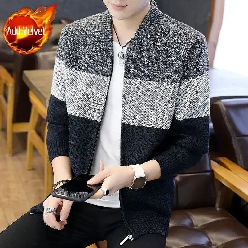 Knit Sweater Male Zipper Plaid Men's Clothing Cardigan Hoodies Zip-up Thick Winter Red Tops Jumpers Casual Stylish Hot Cheap A