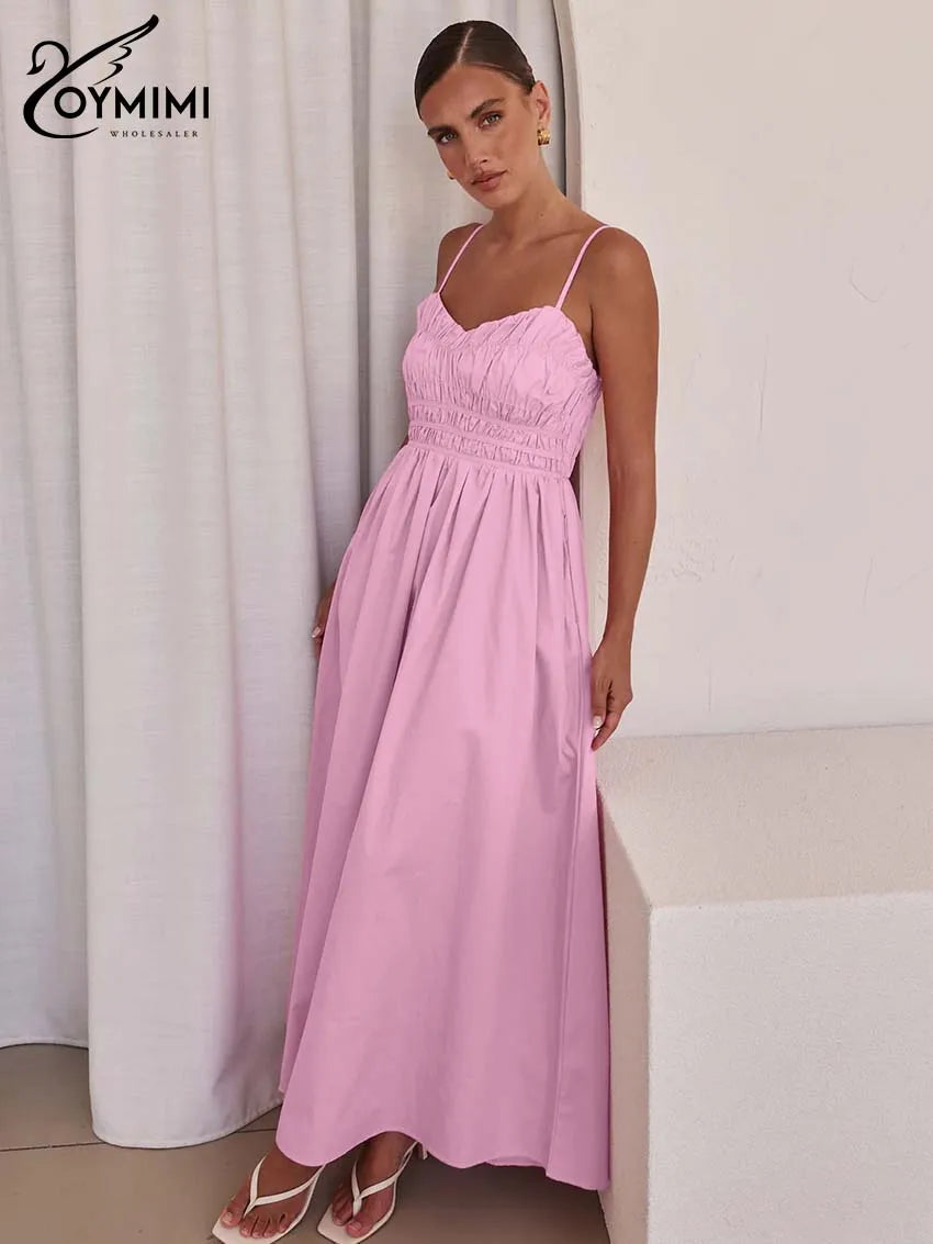 Oymimi Fashion Pink Cotton Women's Dress Elegant Spaghetti Strap Open Back Solid Dresses Casual High Waist Ankle-Length Dresses