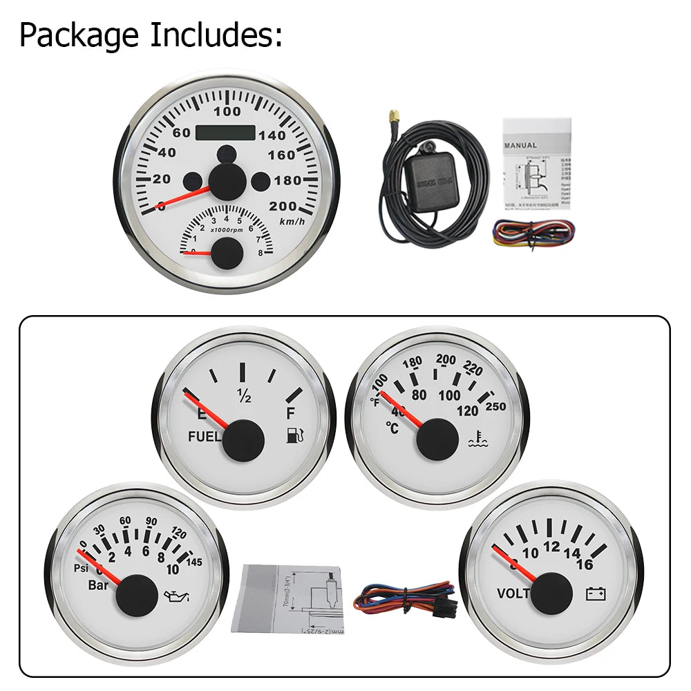 5 Gauge Set 85MM GPS Speedometer 0-8000RPM Tachometer 52MM Water Temp Oil Pressure Fuel Level Meter Voltmeter for Car Boat 12V