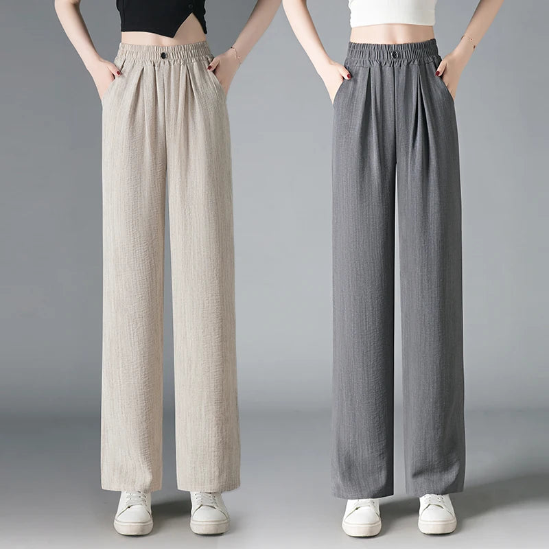 Ice Silk Slim Wide Leg Pants Women's Summer Drapey High Waist Straight Casual Lazy Floor Length Pants Cool Pants