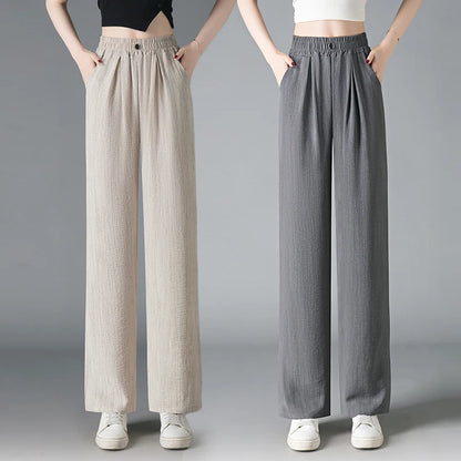 Ice Silk Slim Wide Leg Pants Women's Summer Drapey High Waist Straight Casual Lazy Floor Length Pants Cool Pants