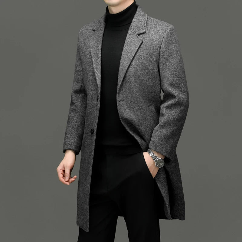 Fall Winter Men Sheep Wool Overcoat Gray Coffee Beige Notched Collar Design Cashmere Coat Male Business Causal Outerwear Office