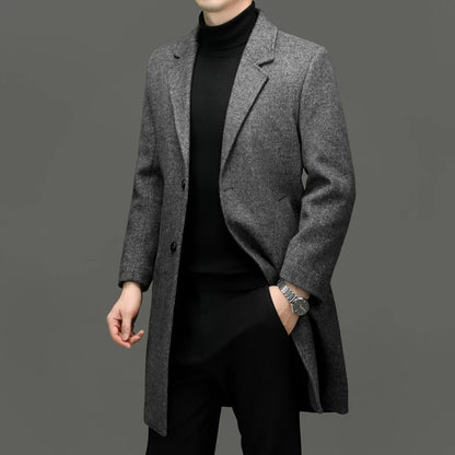 Fall Winter Men Sheep Wool Overcoat Gray Coffee Beige Notched Collar Design Cashmere Coat Male Business Causal Outerwear Office
