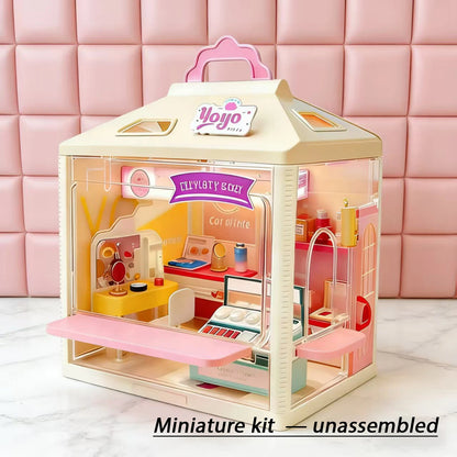 Micro Model Mini Dollhouse Playset with Light, Portable Grill Shop & Beauty Store Pretend Play Toy for Kids, Ideal Birthday Chri