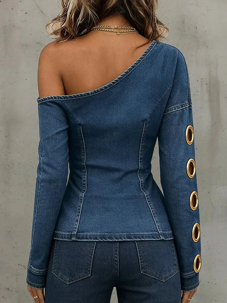 Denim One-Shoulder T Shirt Women Long Sleeve Grommet Eyelet Cutout Slim Fit Casual Streetwear Chic Casual Vintage Jean Blouse