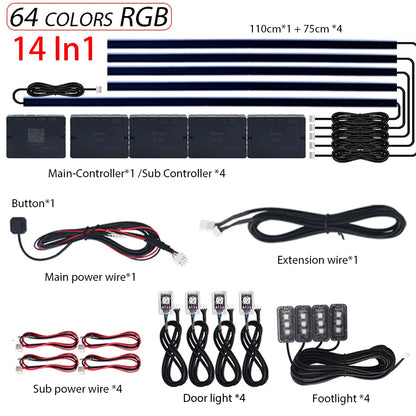 18 in 1 Dual Zone Symphony LED Car Ambient Lights RGB 64 Colors Interior Rainbow Acrylic Strip Neon Atmosphere Lighting Kit App