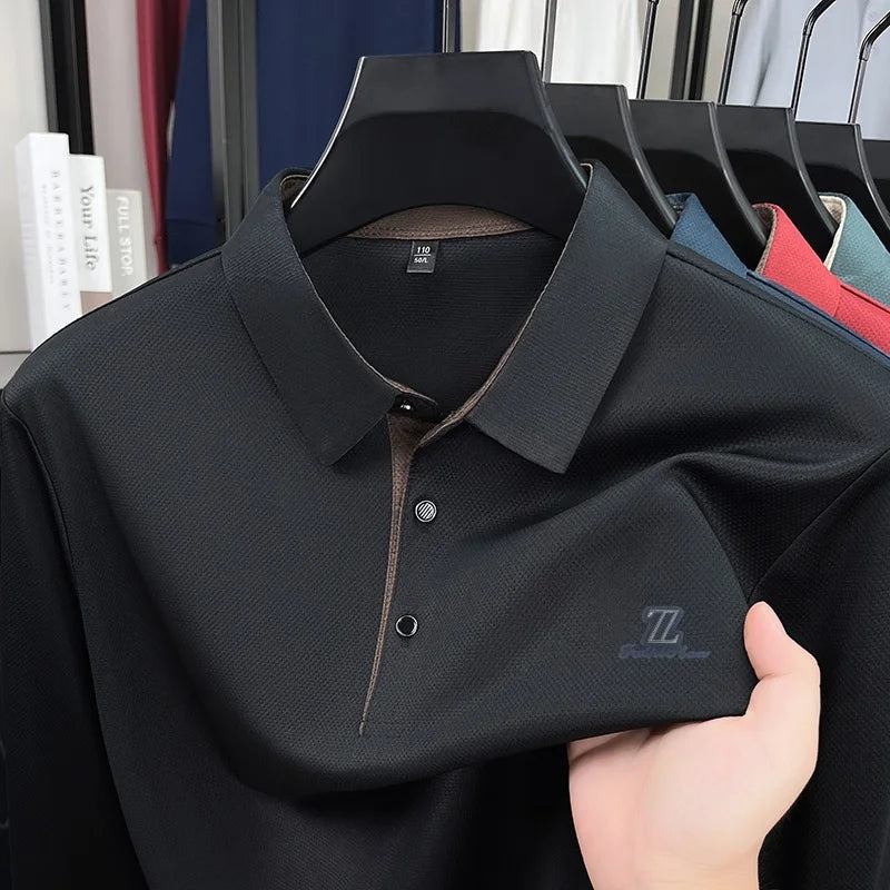 Men's High End Brand Print Solid Color Lapel Polo Shirt Autumn New Skin Friendly Long Sleeved T-shirt Fashion Versatile Menswear
